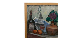 Mid-Century French Still Life Painting with Wine Bottles and Pear by Jean Perret (1910–2003)
