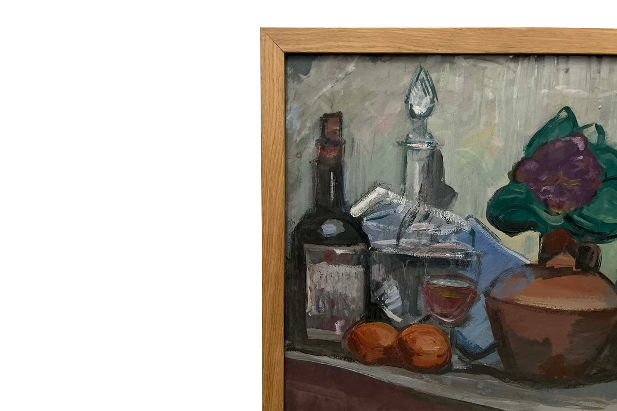 Mid-Century French Still Life Painting with Wine Bottles and Pear by Jean Perret (1910–2003)