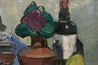 Mid-Century French Still Life Painting with Wine Bottles and Pear by Jean Perret (1910–2003)