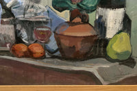 Mid-Century French Still Life Painting with Wine Bottles and Pear by Jean Perret (1910–2003)