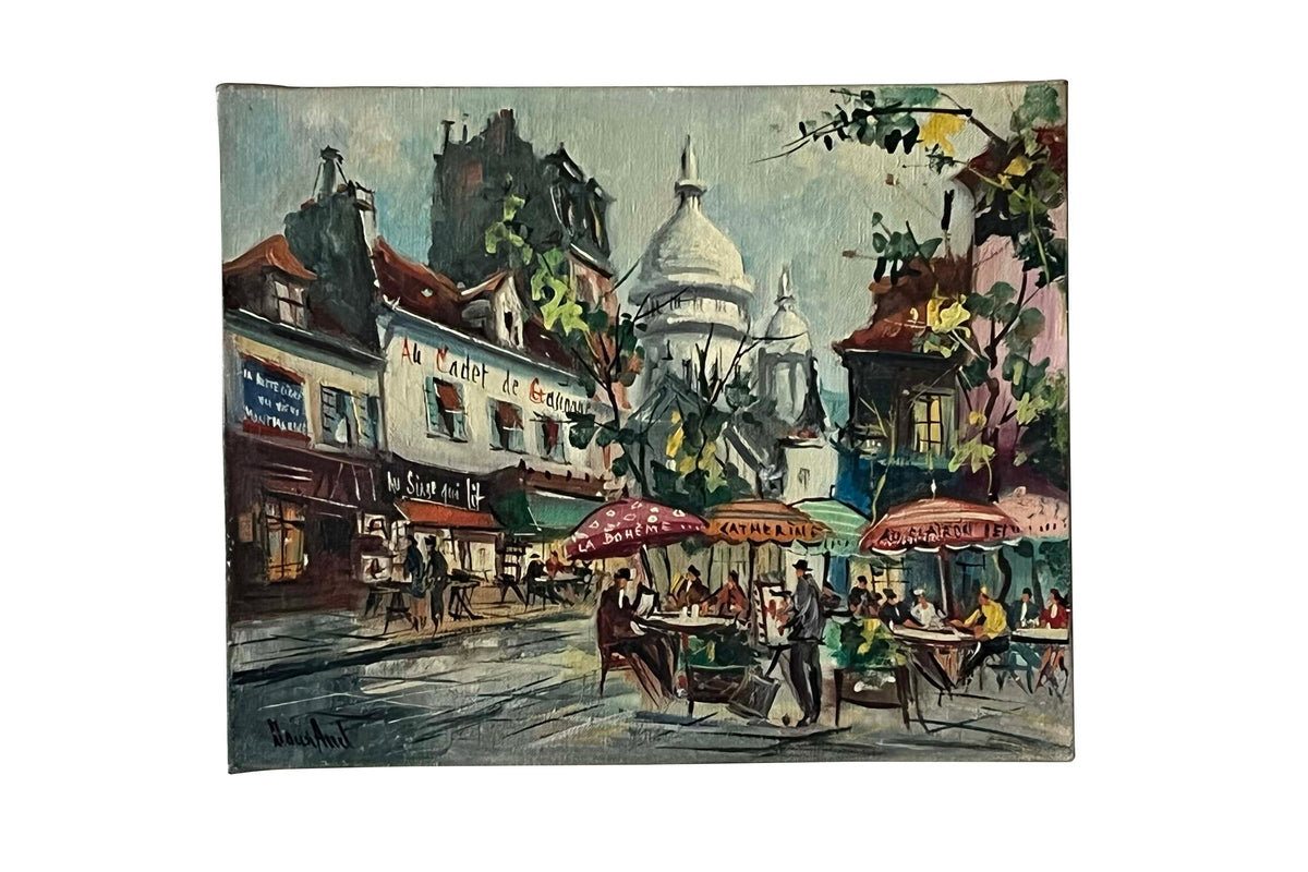 Mid-Century French Signed Oil on Canvas Painting 'Montmartre Café Scene', Paris