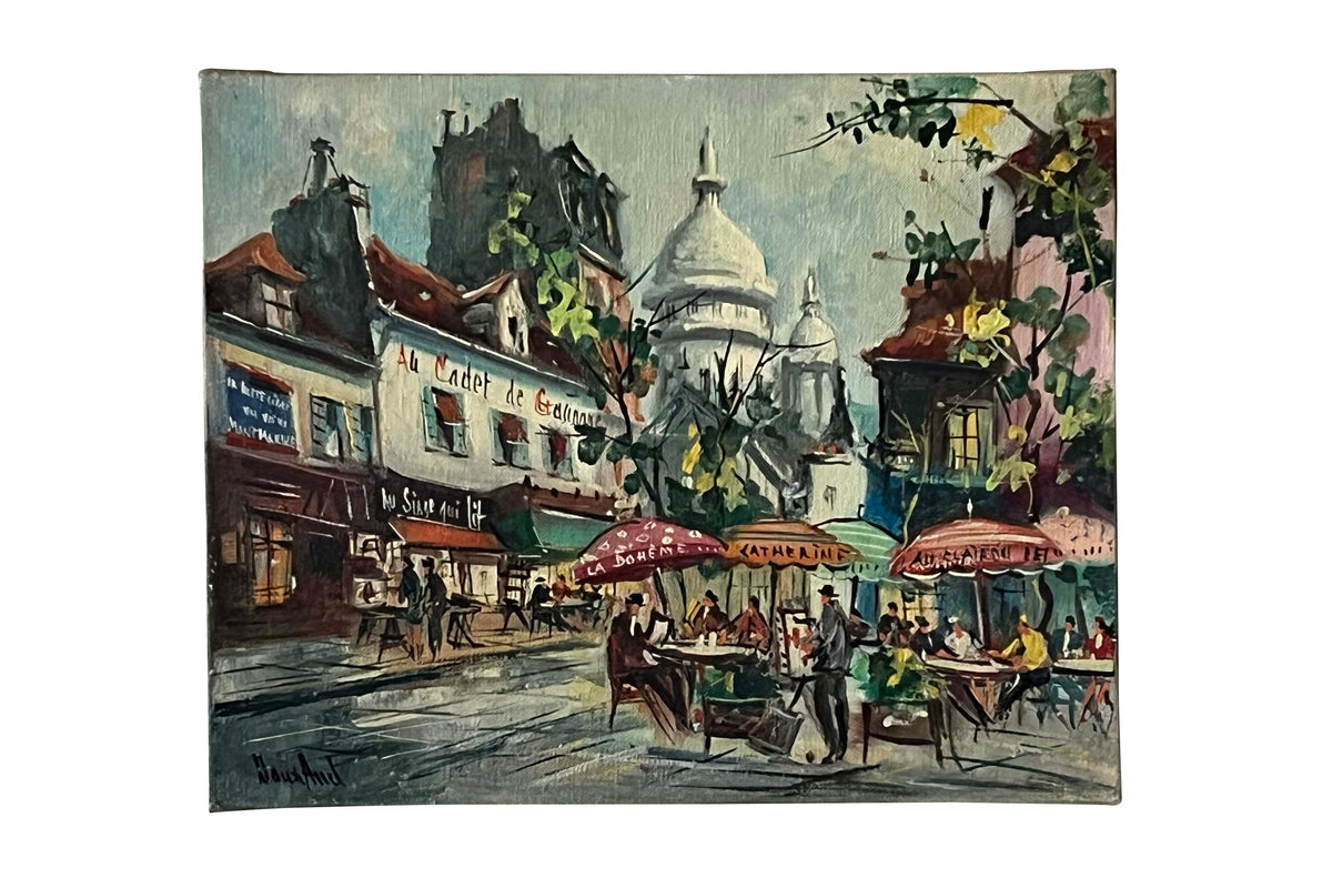 Mid-Century French Signed Oil on Canvas Painting 'Montmartre Café Scene', Paris