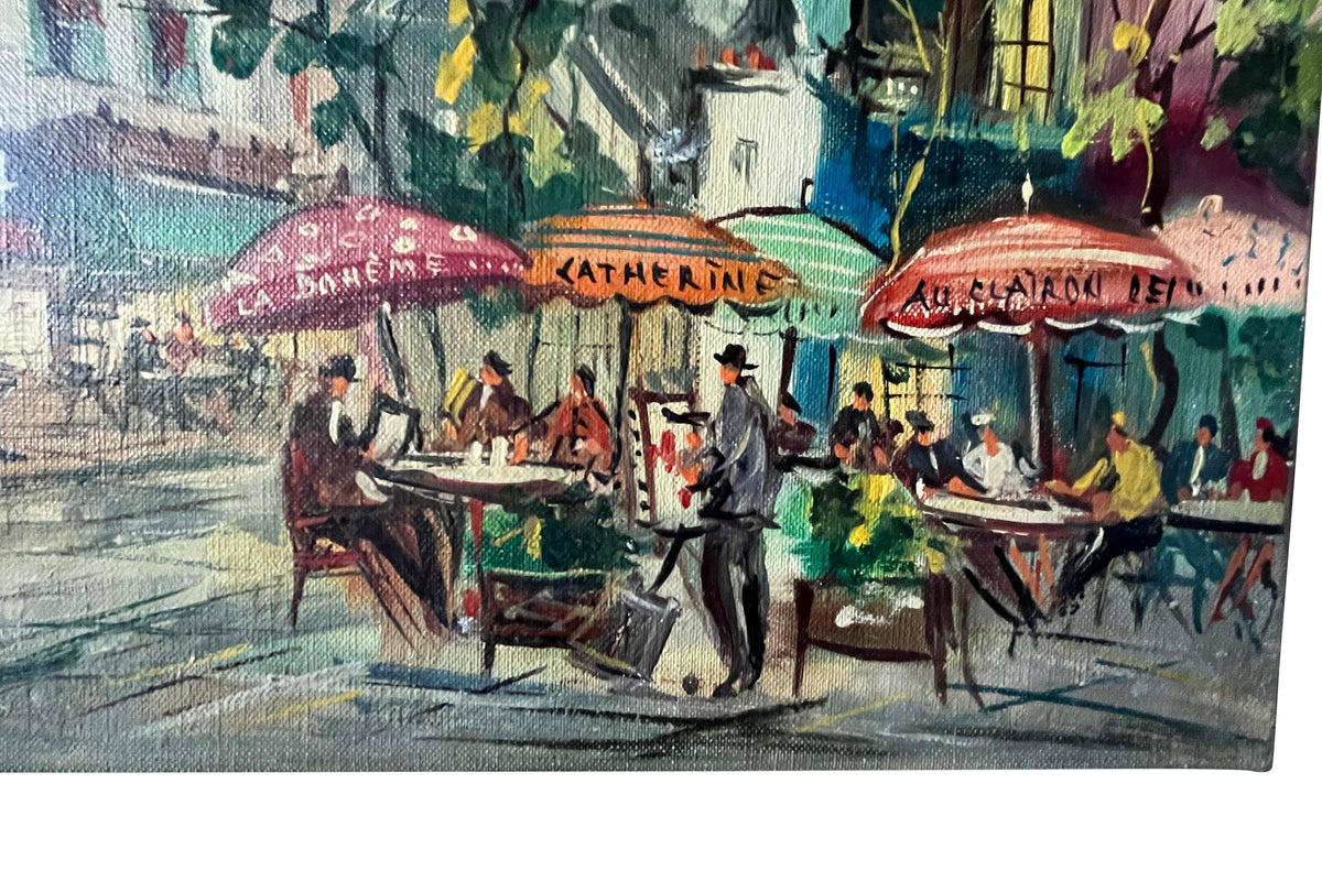 Mid-Century French Signed Oil on Canvas Painting 'Montmartre Café Scene', Paris