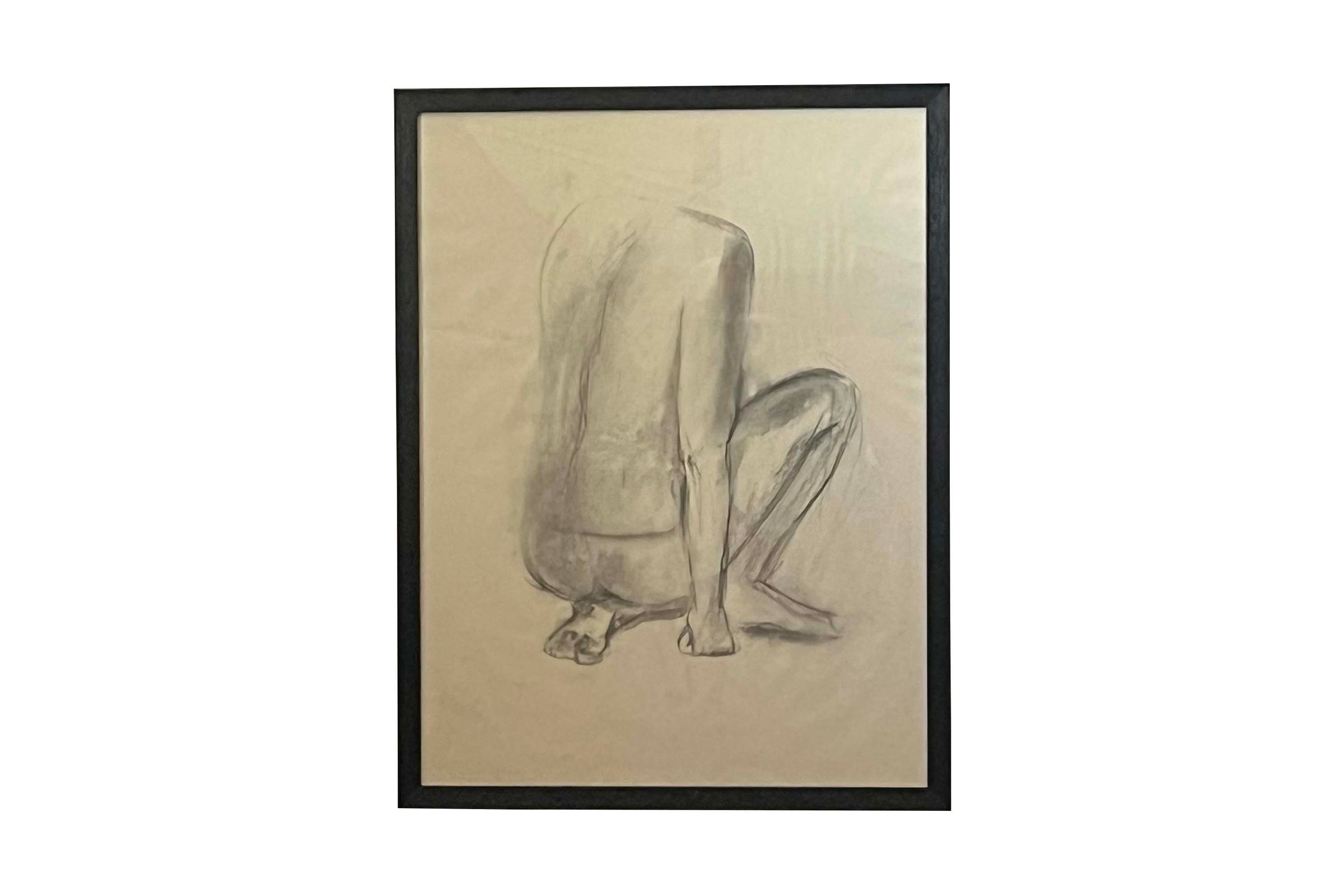 20th Century French Charcoal on Paper Crouching Female Nude Study