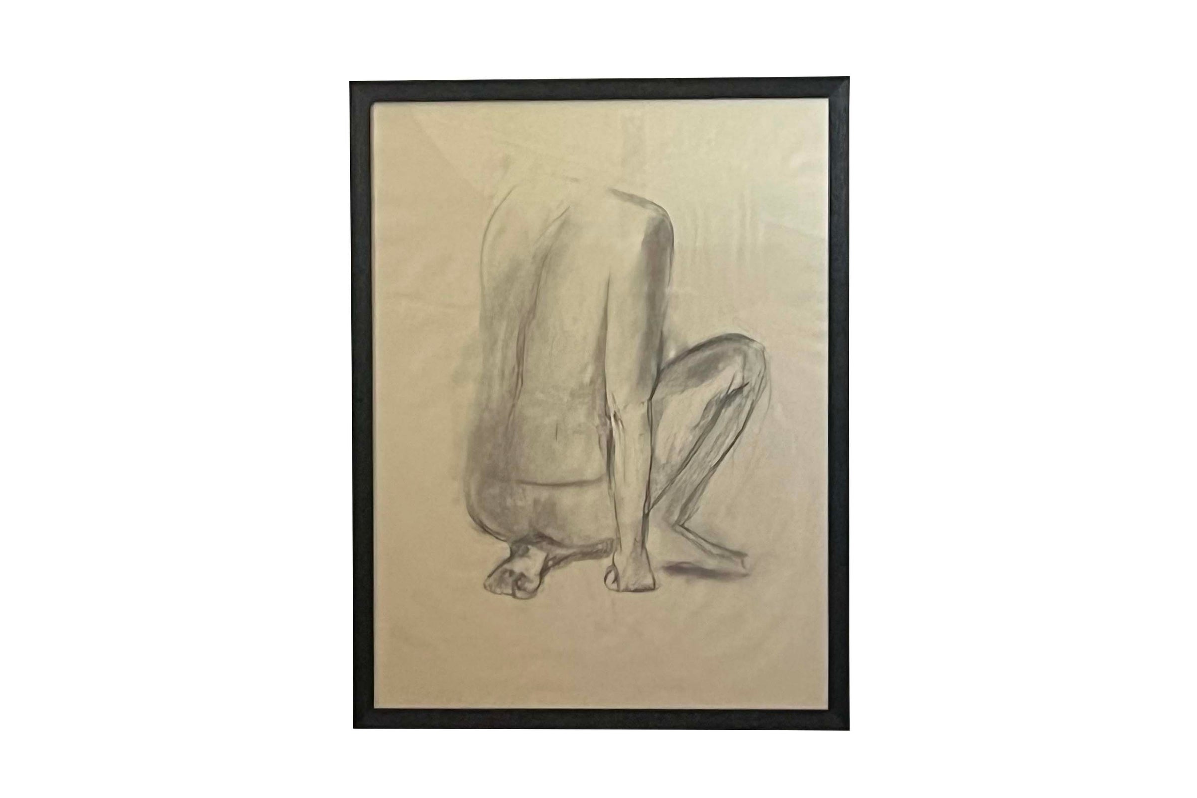 20th Century French Charcoal on Paper Crouching Female Nude Study
