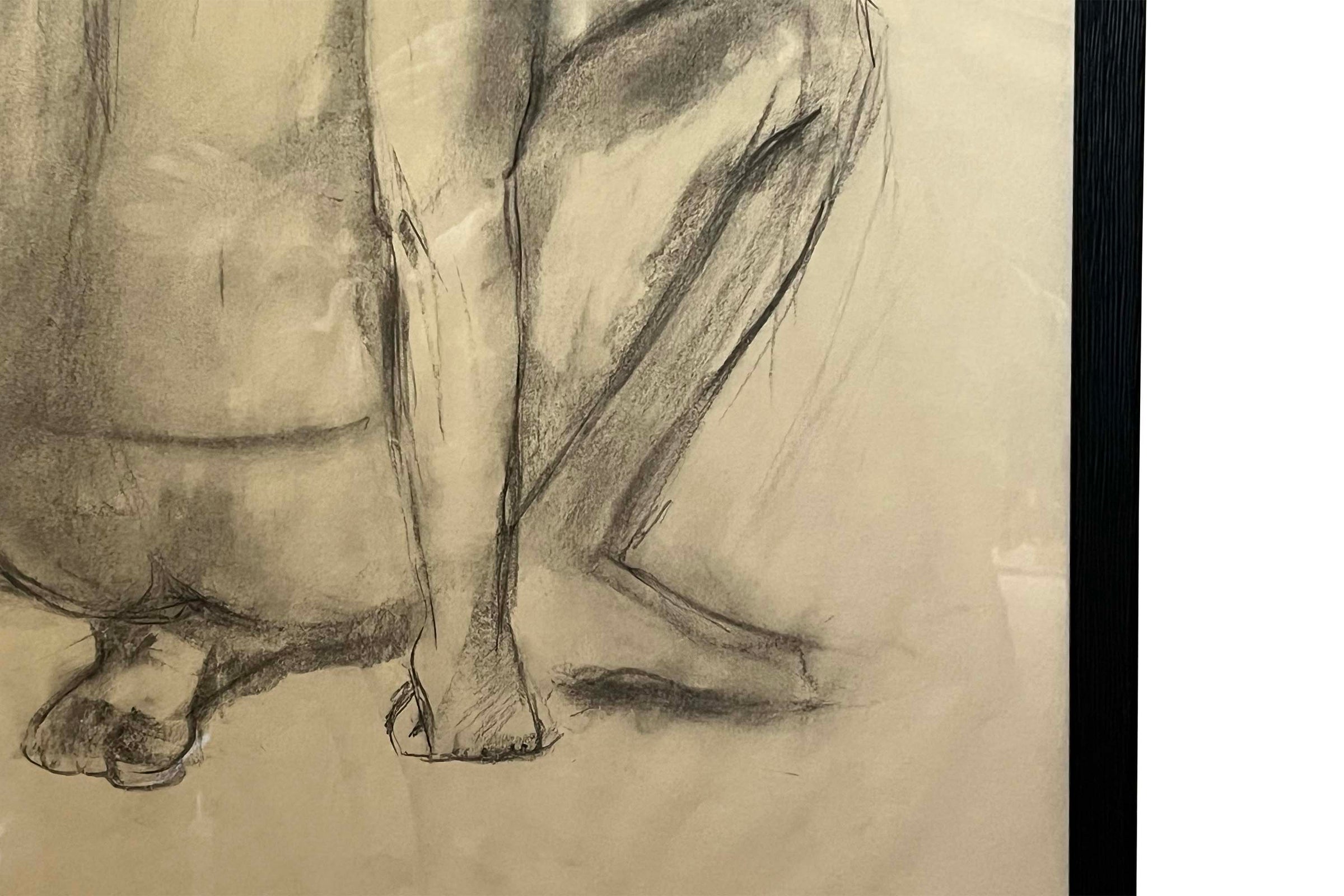 20th Century French Charcoal on Paper Crouching Female Nude Study