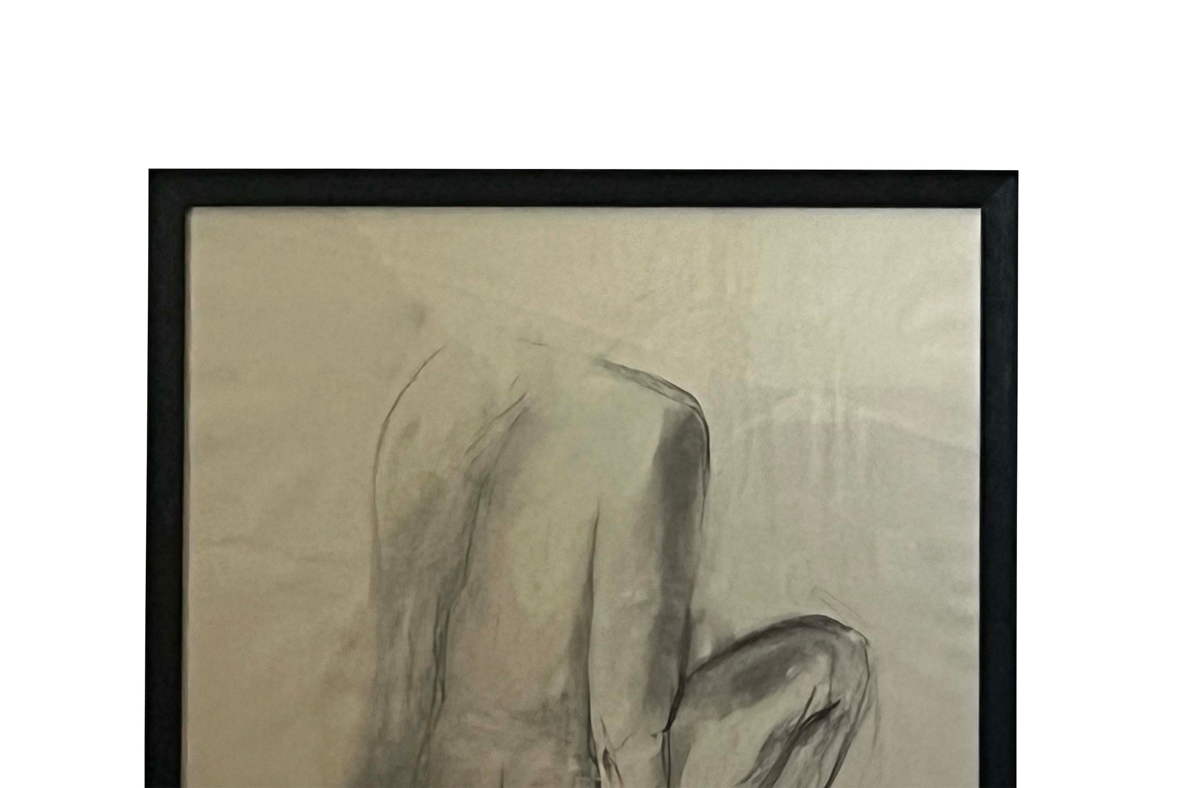 20th Century French Charcoal on Paper Crouching Female Nude Study