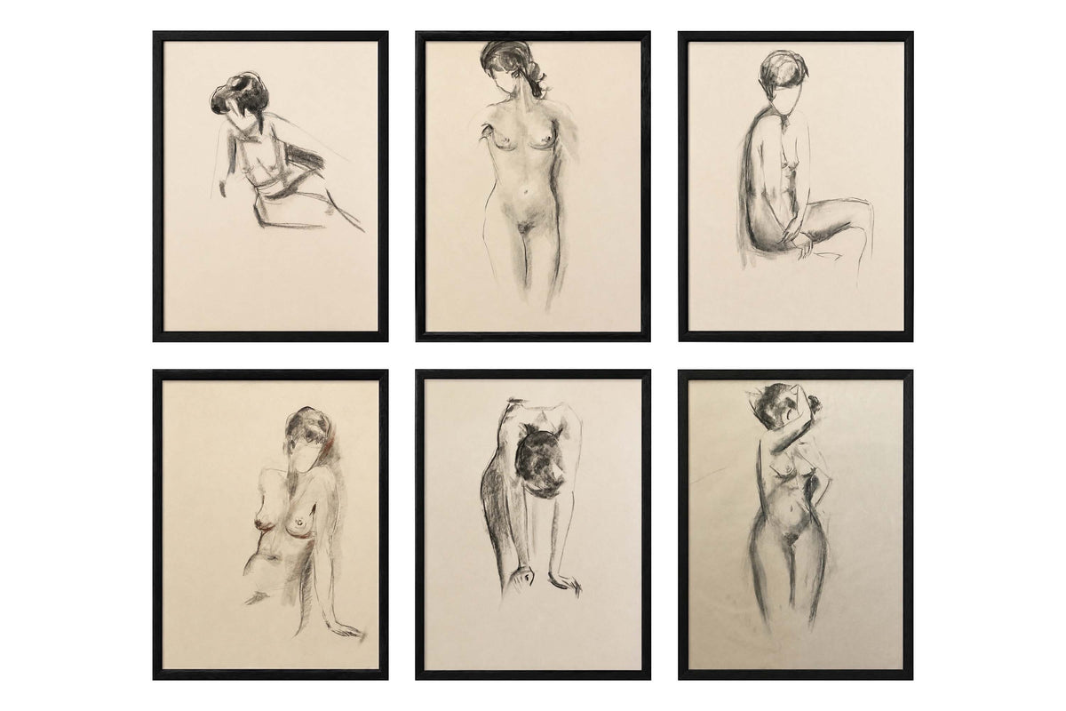 Set of Six Framed 20th Century French School Charcoal And Chalk Figure Studies