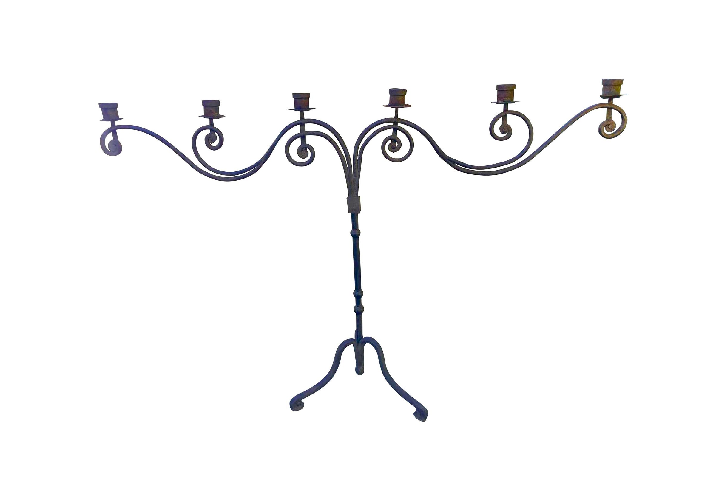 Pair of Monumental 18th Century Italian Wrought Iron Twelve-Light Floor Candelabra