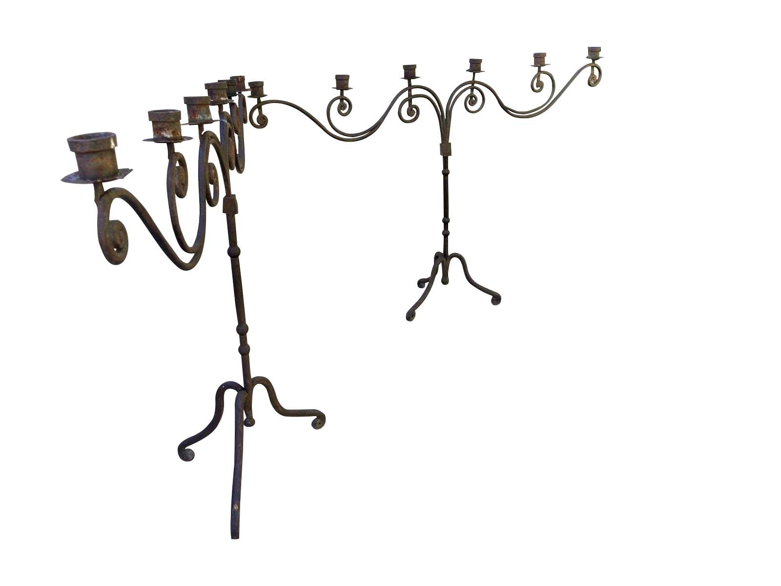 Pair of Monumental 18th Century Italian Wrought Iron Twelve-Light Floor Candelabra