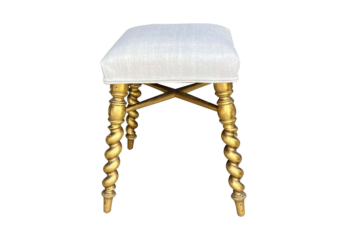 Napoleon III Giltwood Barley Twist Stool in Antique Hemp