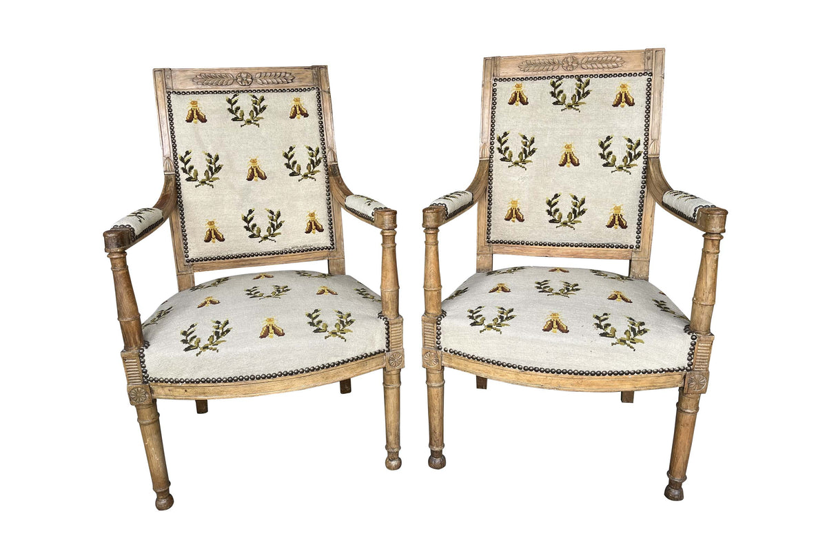 Pair of Early 19th Century French Directoire Armchairs with Needlepoint Bee and Laurel Upholstery