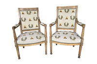 Pair of Early 19th Century French Directoire Armchairs with Needlepoint Bee and Laurel Upholstery
