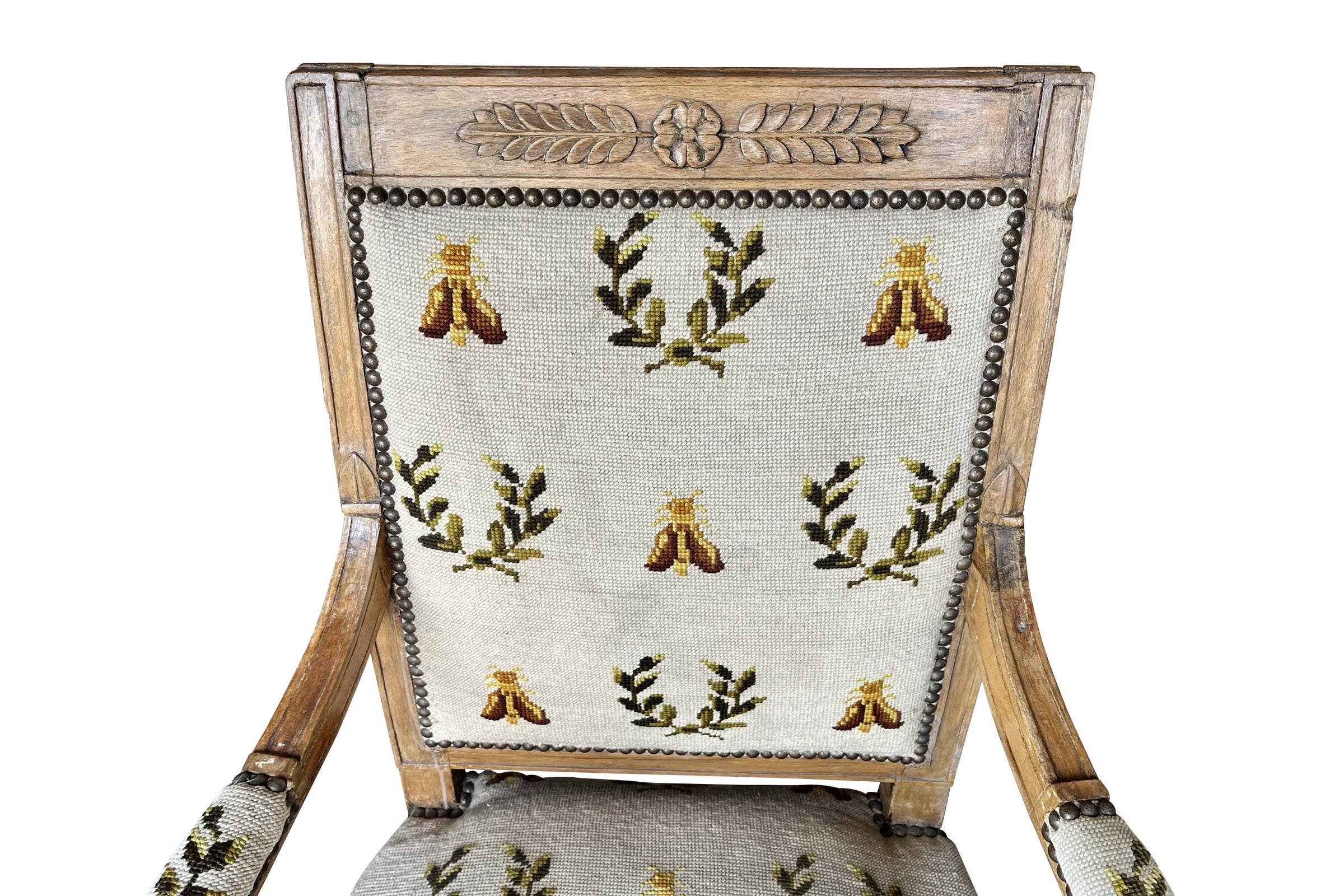 Pair of Early 19th Century French Directoire Armchairs with Needlepoint Bee and Laurel Upholstery