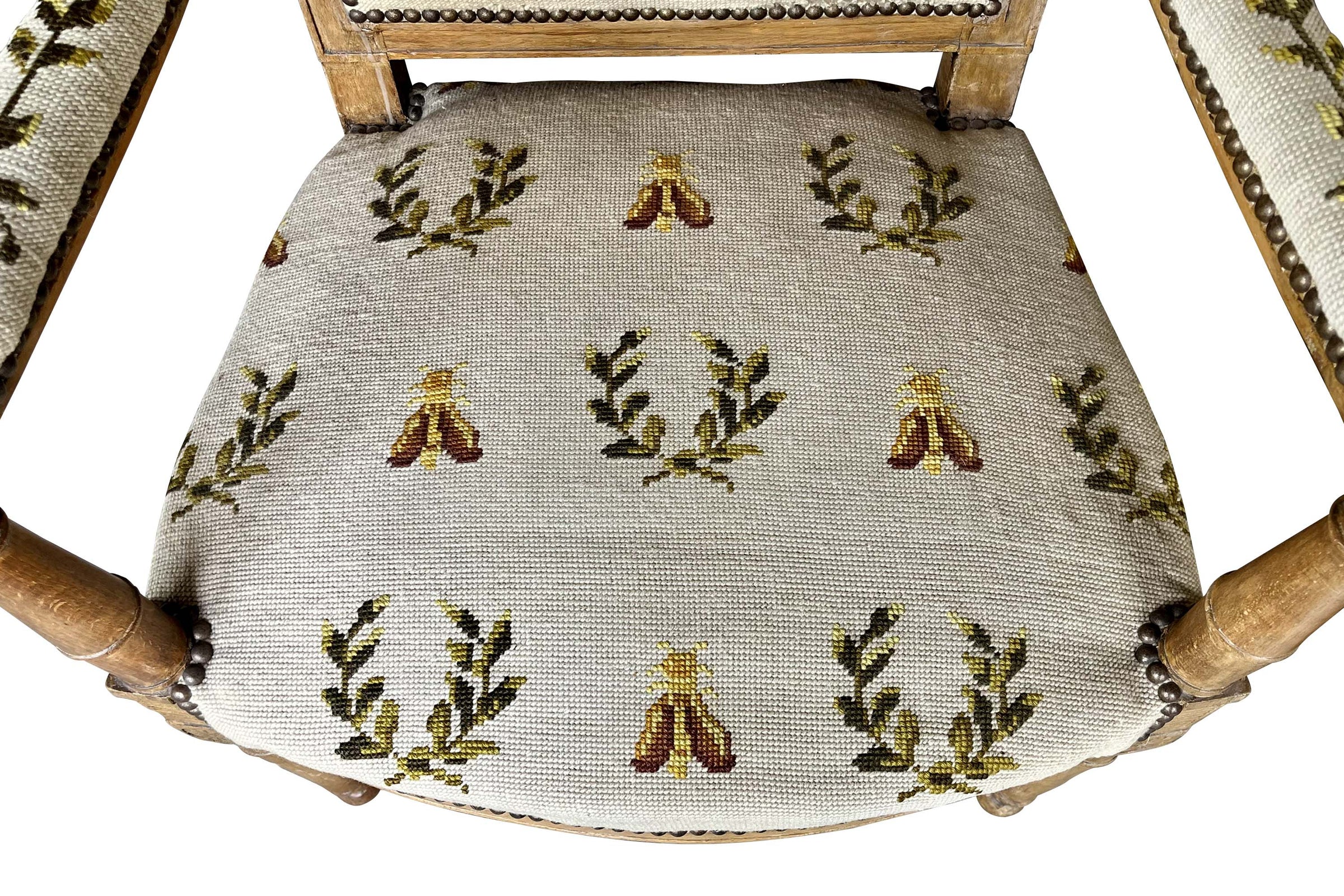 Pair of Early 19th Century French Directoire Armchairs with Needlepoint Bee and Laurel Upholstery
