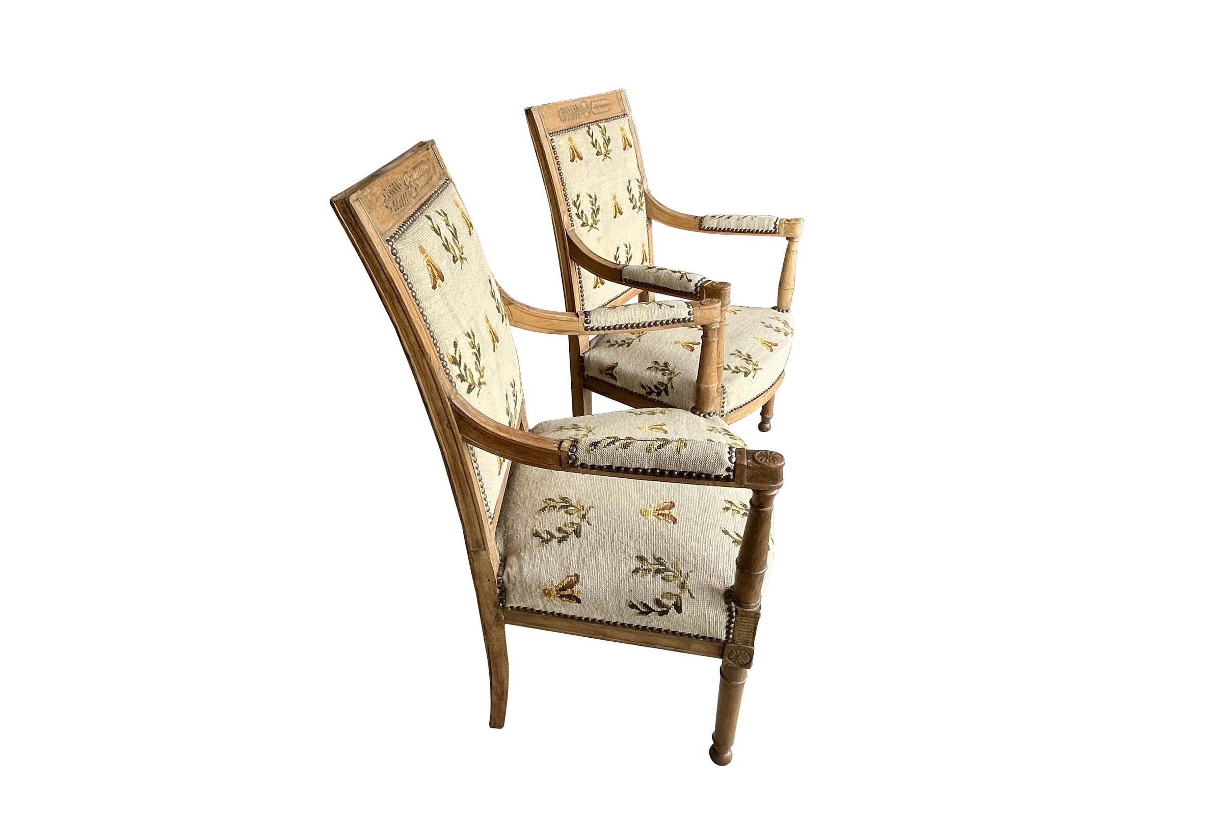 Pair of Early 19th Century French Directoire Armchairs with Needlepoint Bee and Laurel Upholstery