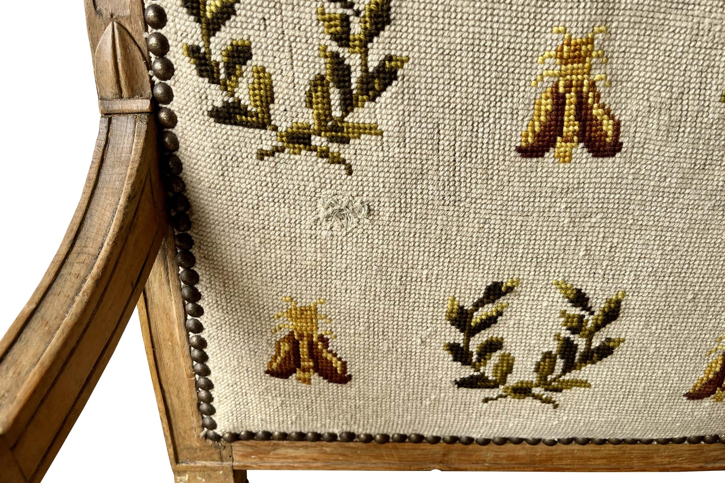 Pair of Early 19th Century French Directoire Armchairs with Needlepoint Bee and Laurel Upholstery