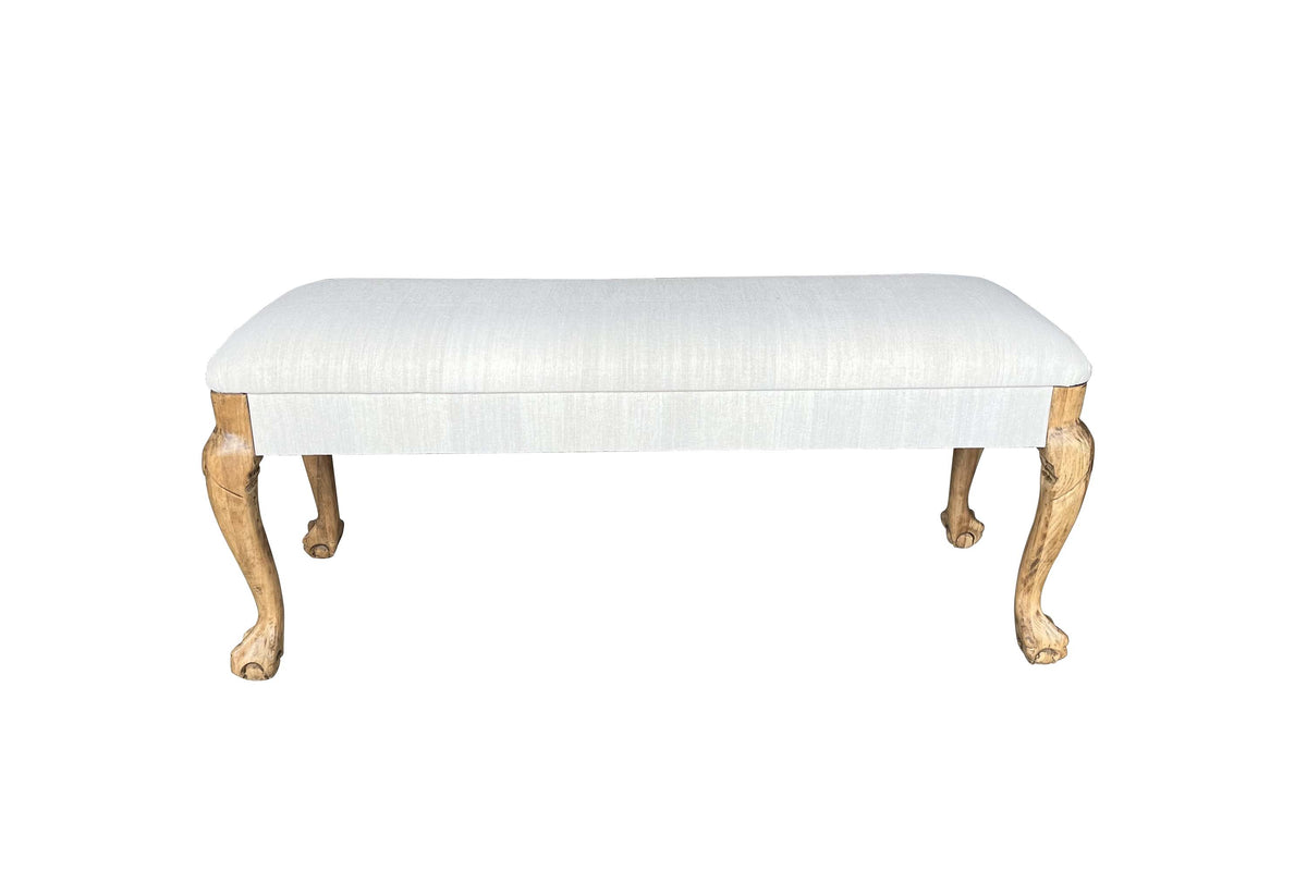 20th Century French Banquette with paw feet Upholstered in Antique Hemp