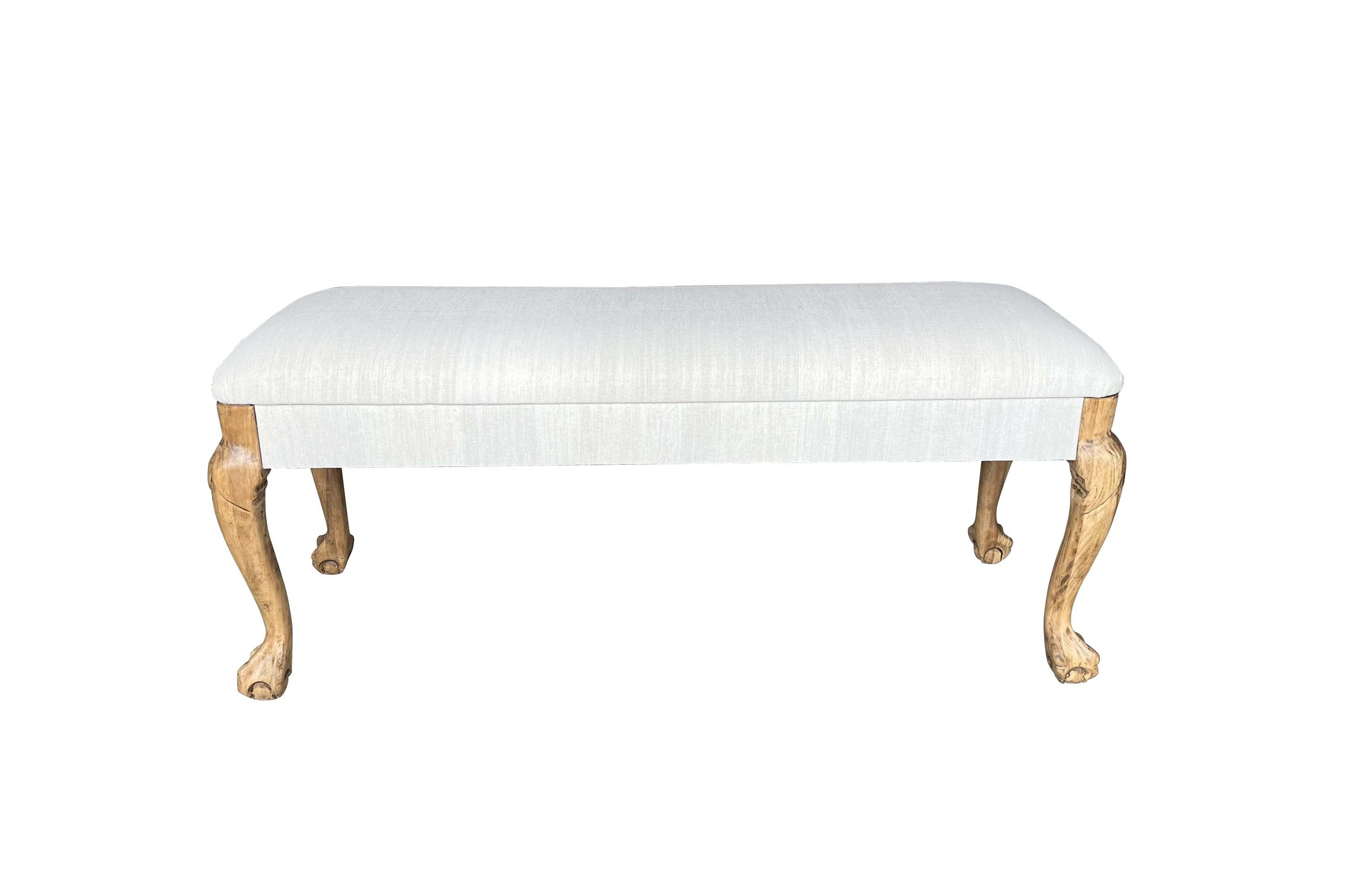 20th Century French Banquette with paw feet Upholstered in Antique Hemp