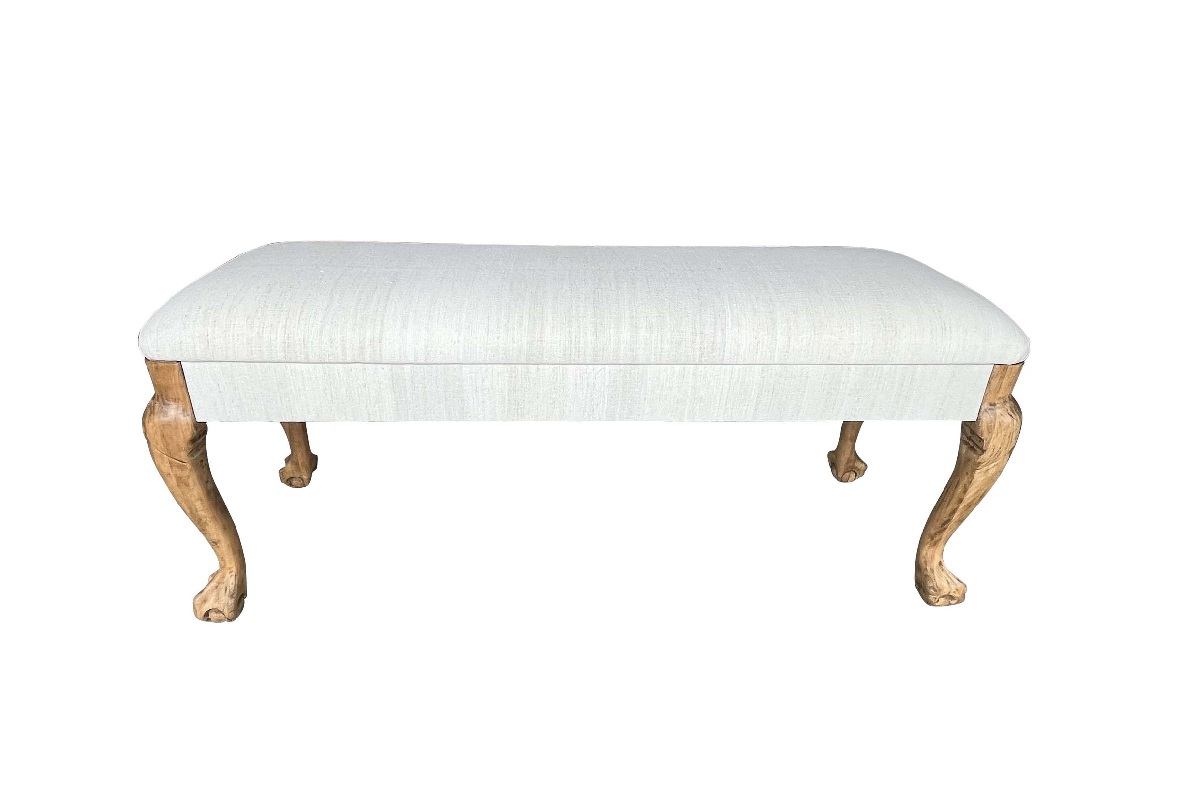 20th Century French Banquette with paw feet Upholstered in Antique Hemp