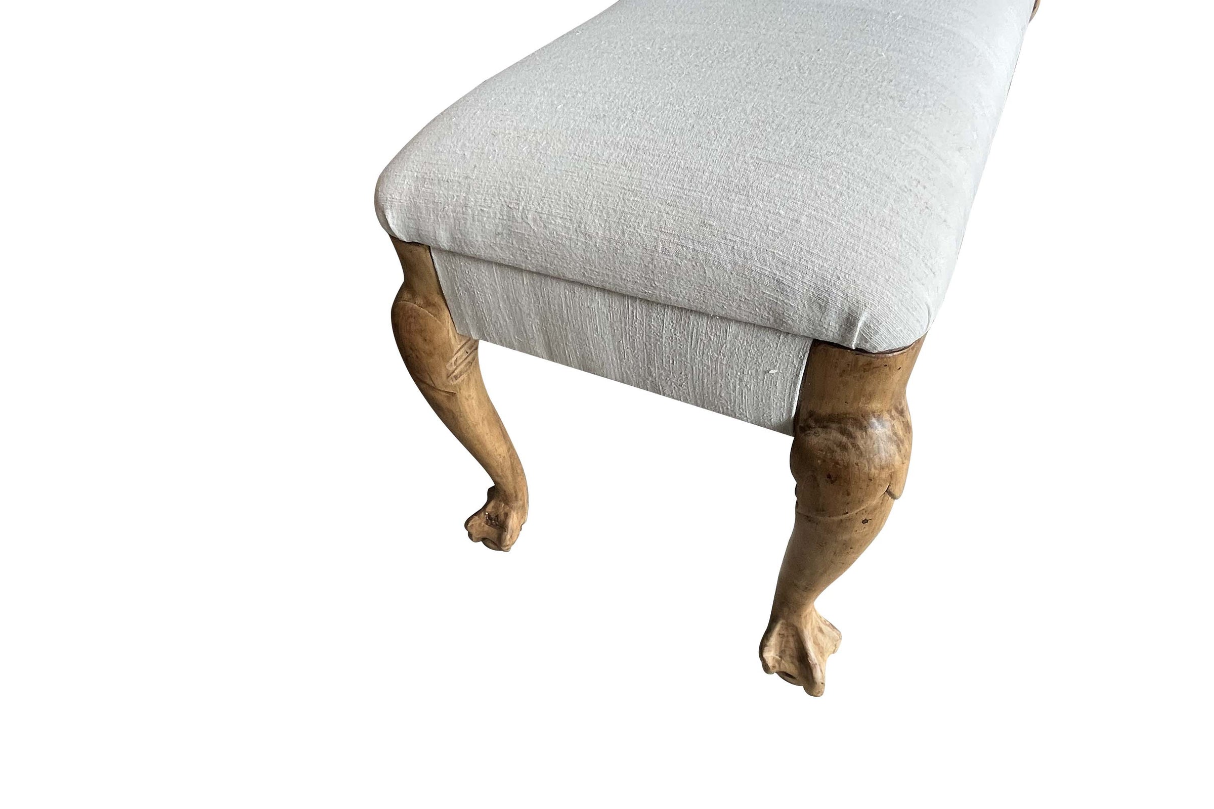 20th Century French Banquette with paw feet Upholstered in Antique Hemp