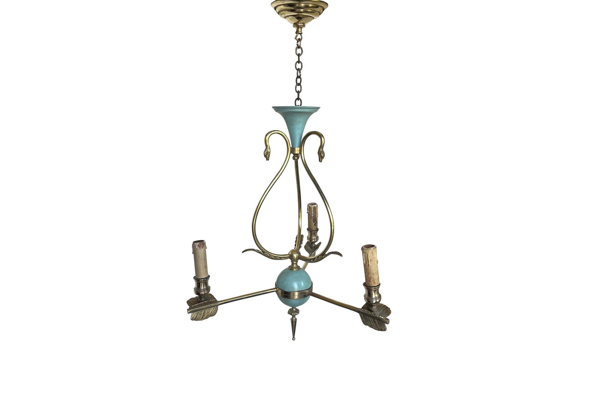 Mid-20th Century French Empire Revival Three-Branch Brass Chandelier with Swan Motifs and Arrow Arms