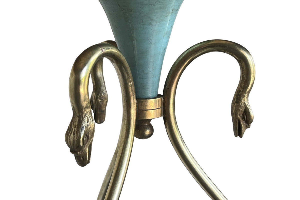 Mid-20th Century French Empire Revival Three-Branch Brass Chandelier with Swan Motifs and Arrow Arms