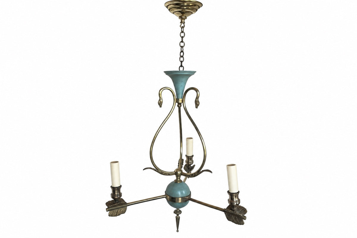 Mid-20th Century French Empire Revival Three-Branch Brass Chandelier with Swan Motifs and Arrow Arms