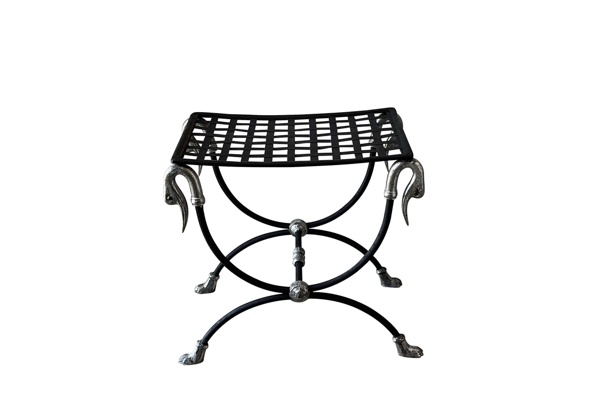 Mid-Century French Curule Stool with Swan-Head Terminals and Paw Feet