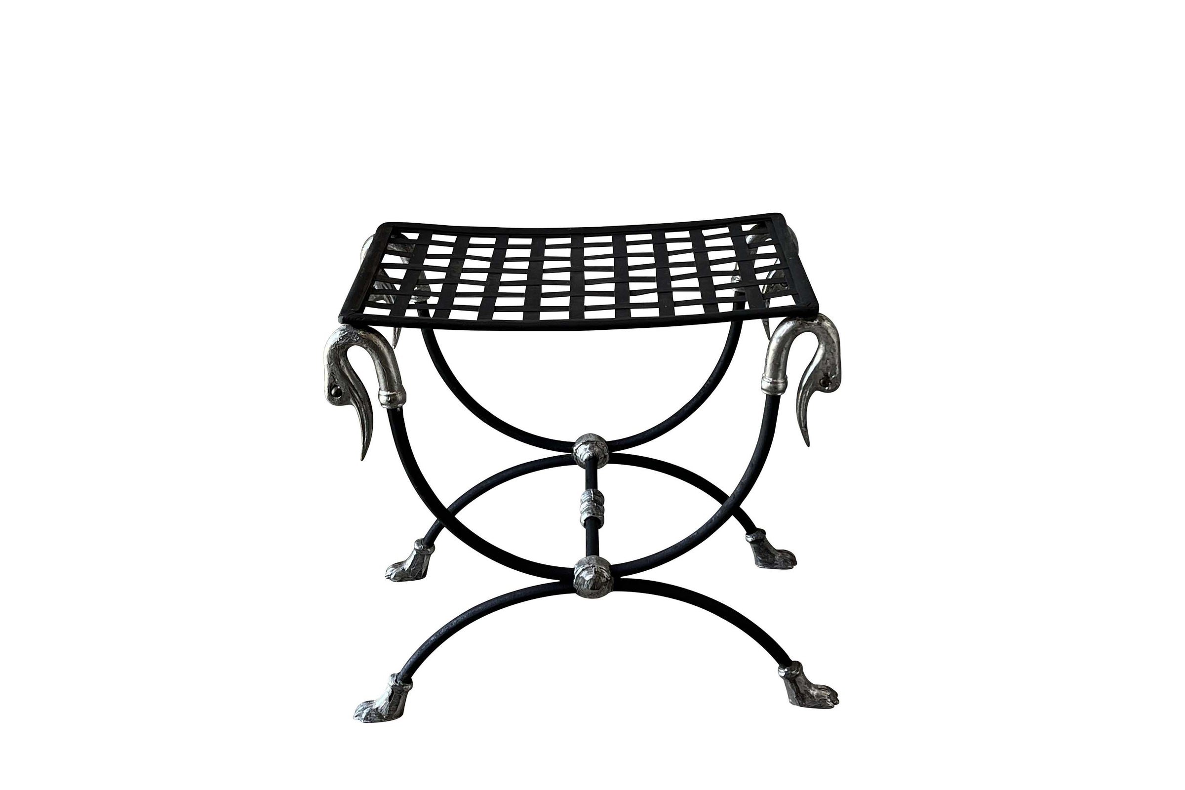 Mid-Century French Curule Stool with Swan-Head Terminals and Paw Feet
