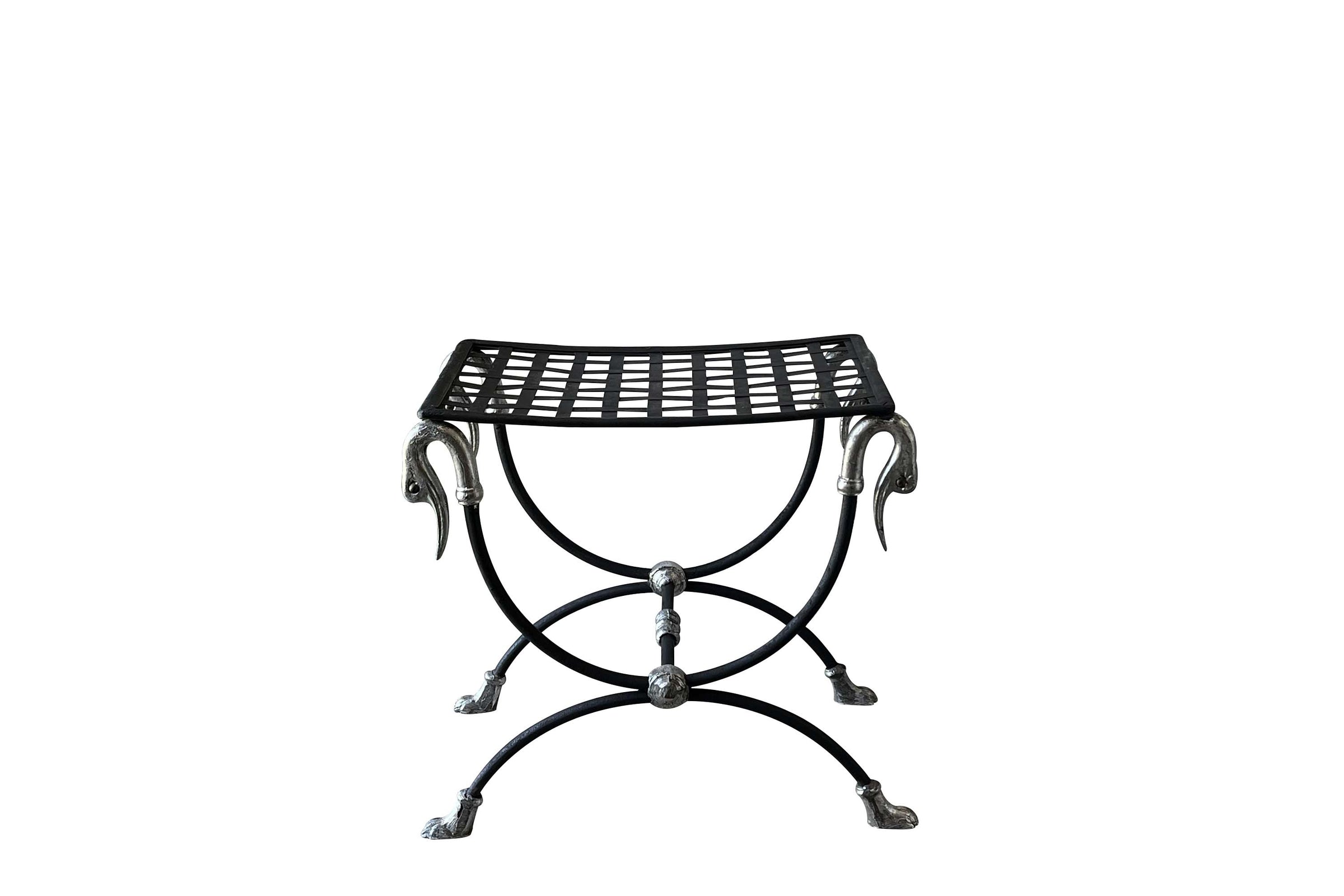 Mid-Century French Curule Stool with Swan-Head Terminals and Paw Feet