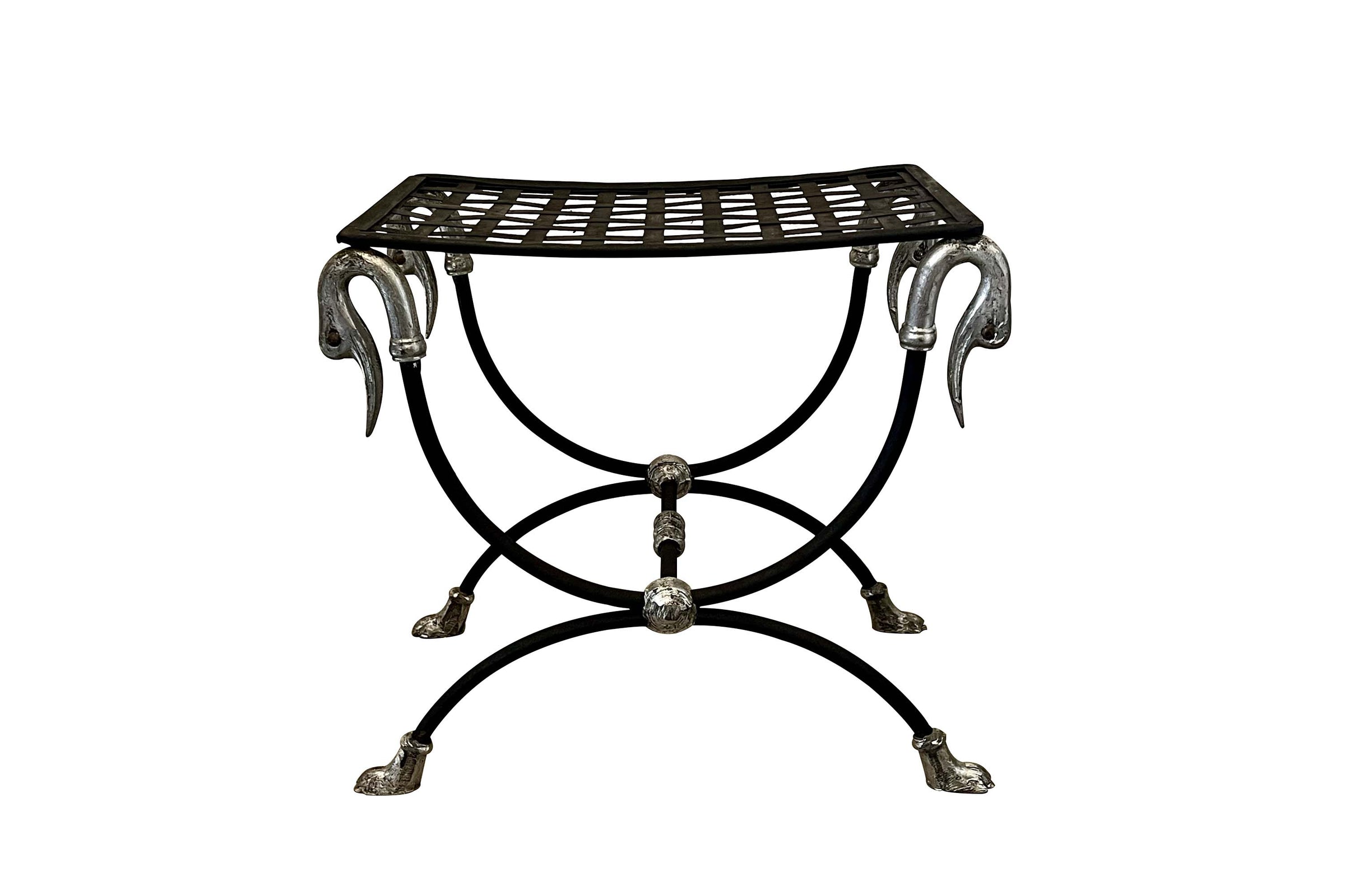 Mid-Century French Curule Stool with Swan-Head Terminals and Paw Feet