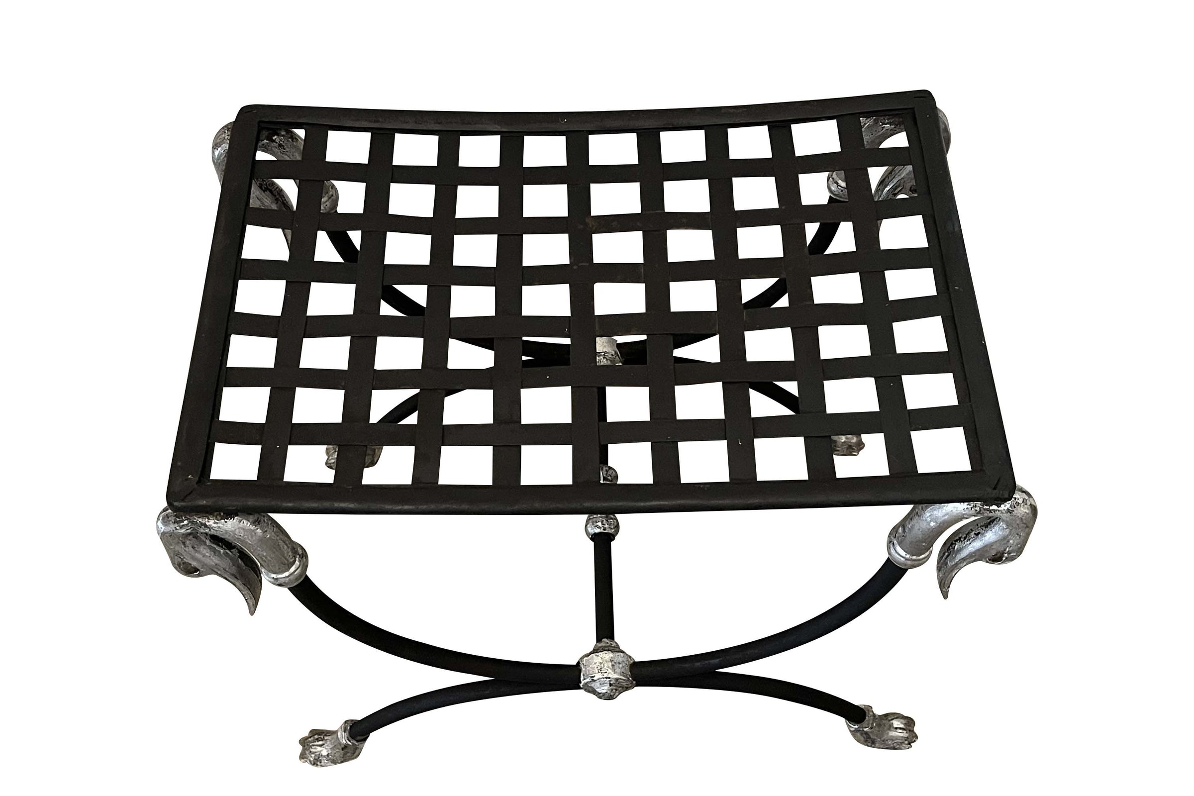 Mid-Century French Curule Stool with Swan-Head Terminals and Paw Feet