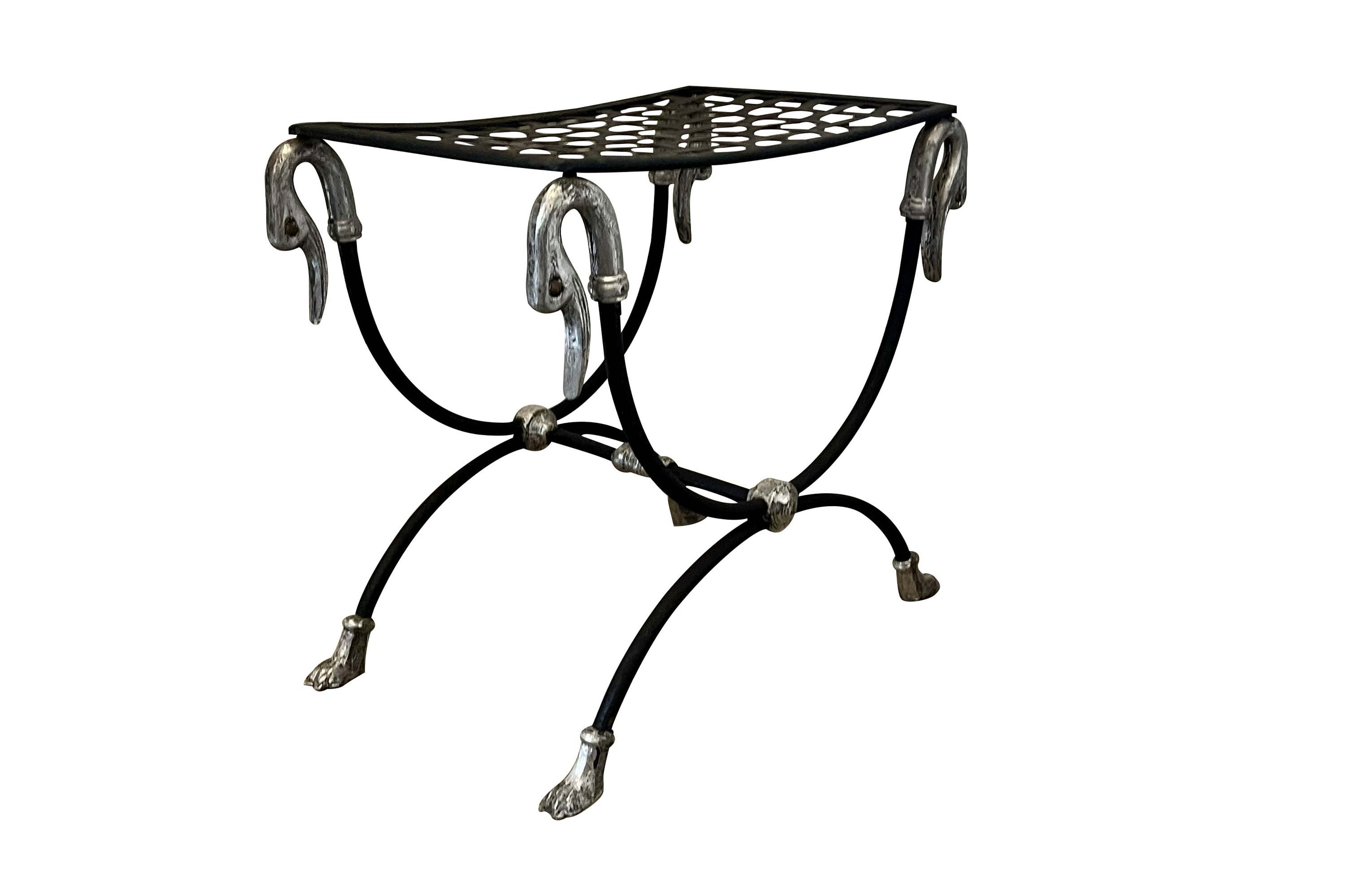 Mid-Century French Curule Stool with Swan-Head Terminals and Paw Feet
