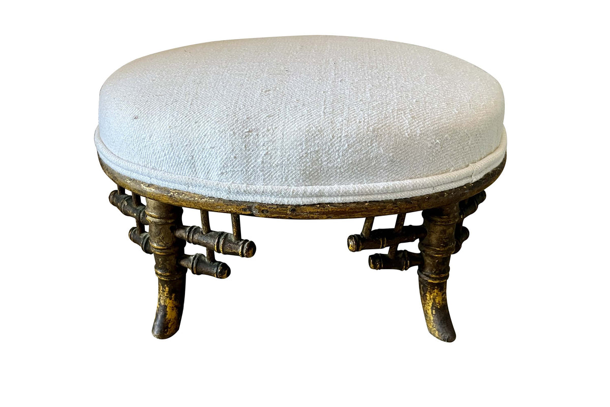 Small 19th Century French Faux Bamboo Footstool in Antique Hemp