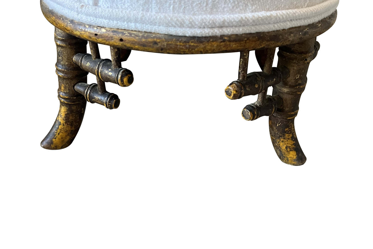 Small 19th Century French Faux Bamboo Footstool in Antique Hemp