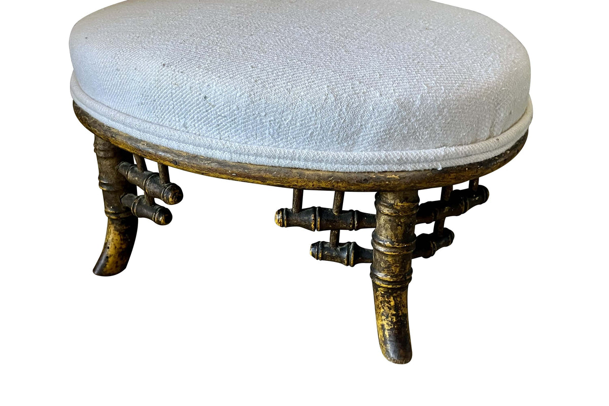 Small 19th Century French Faux Bamboo Footstool in Antique Hemp
