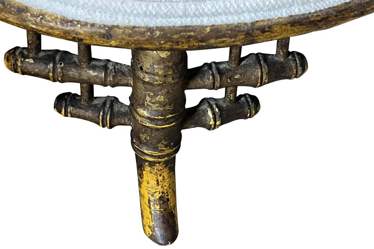 Small 19th Century French Faux Bamboo Footstool in Antique Hemp