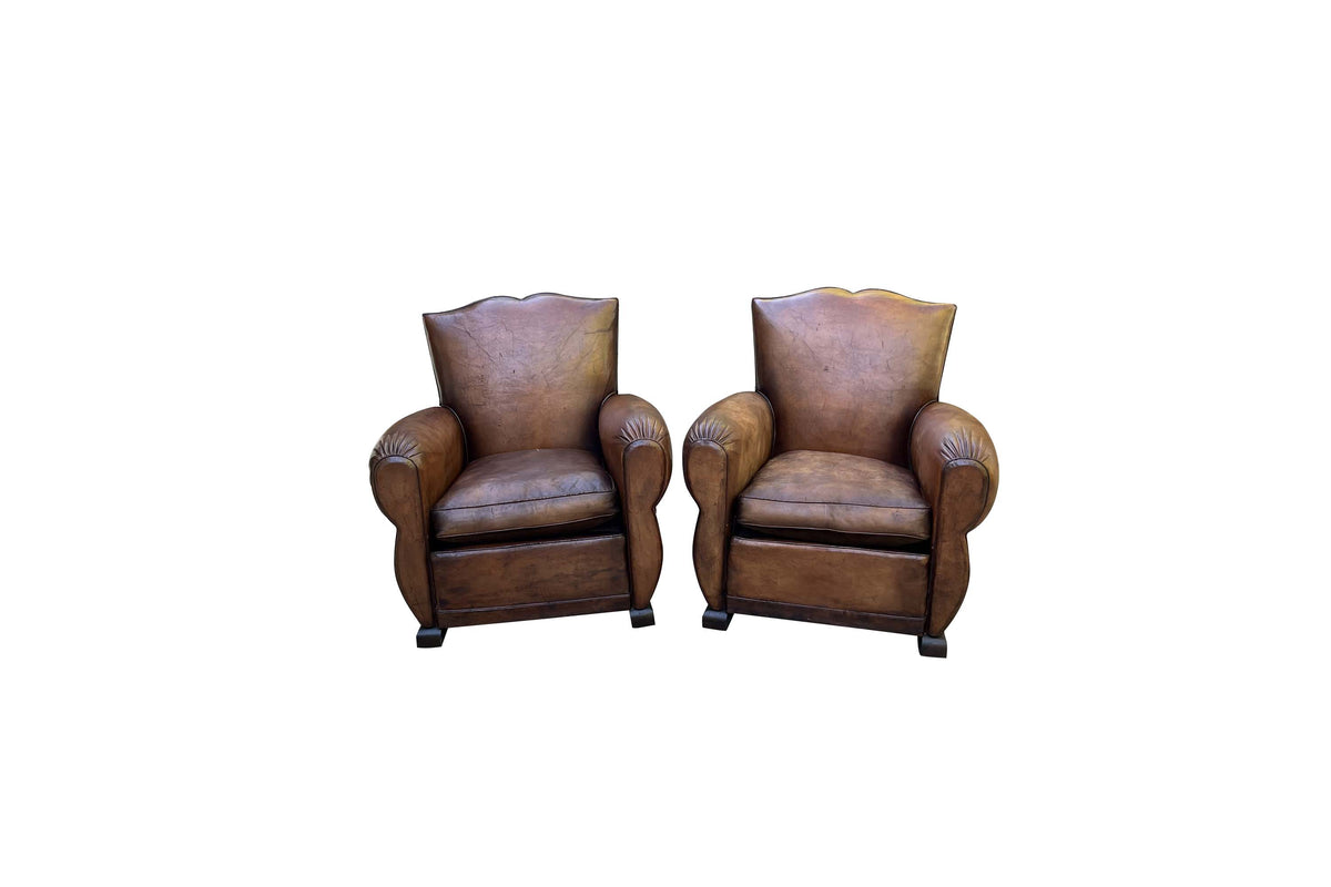 Pair of French Art Deco Moustache-Back Leather Club Chairs