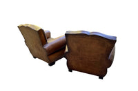 Pair of French Art Deco Moustache-Back Leather Club Chairs