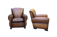 Pair of French Art Deco Moustache-Back Leather Club Chairs