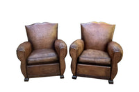 Pair of French Art Deco Moustache-Back Leather Club Chairs