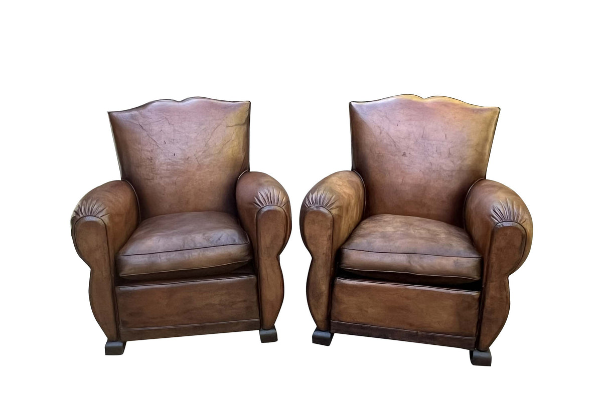 Pair of French Art Deco Moustache-Back Leather Club Chairs
