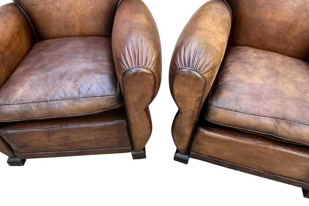 Pair of French Art Deco Moustache-Back Leather Club Chairs