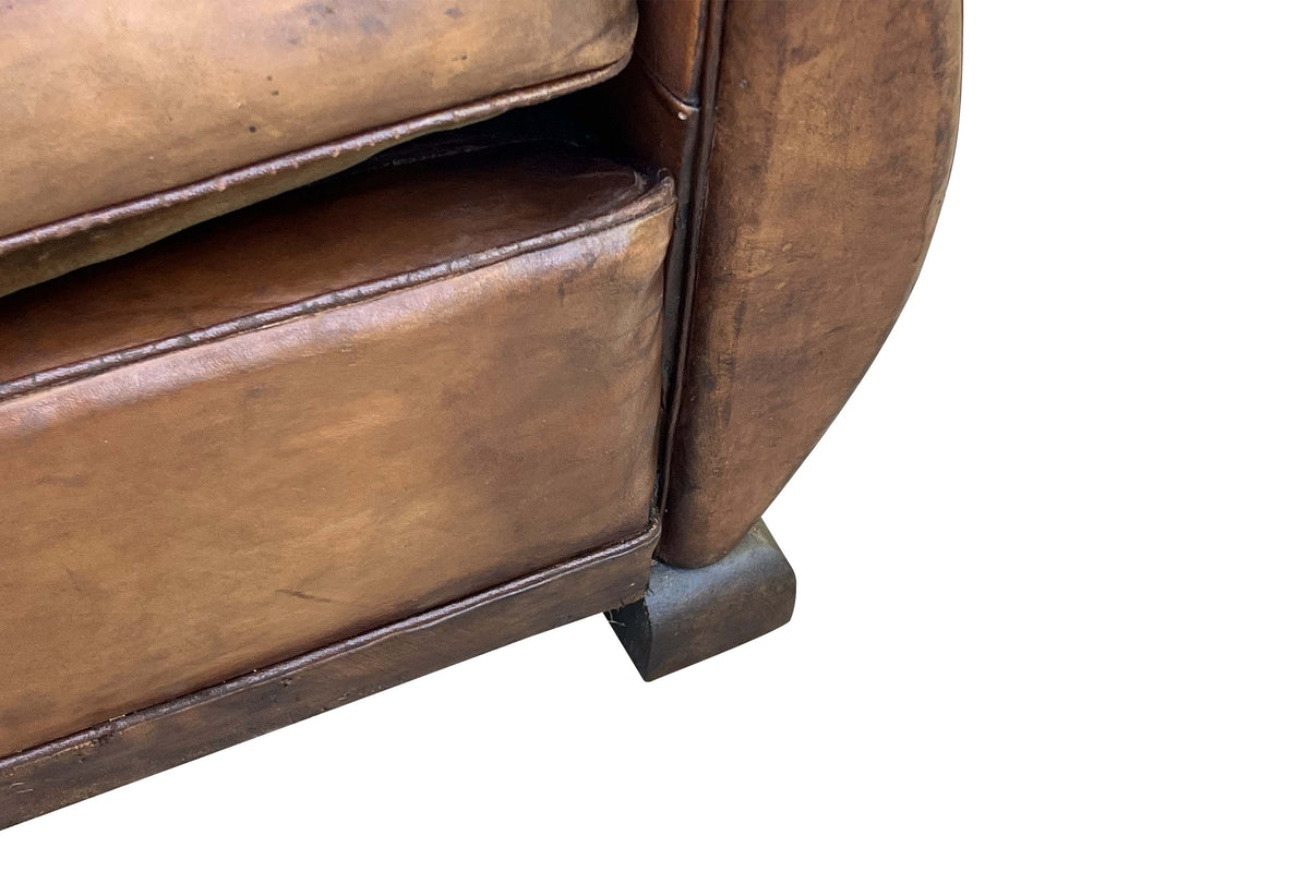 Pair of French Art Deco Moustache-Back Leather Club Chairs