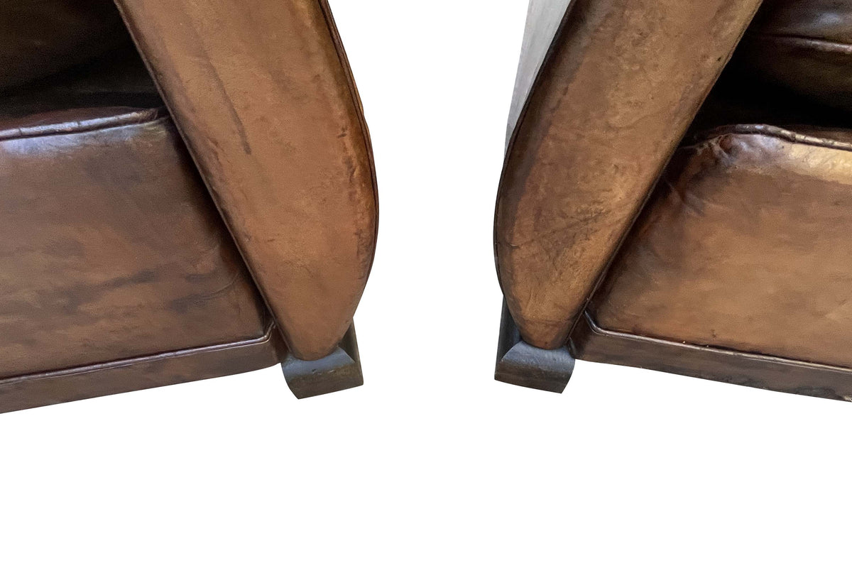 Pair of French Art Deco Moustache-Back Leather Club Chairs