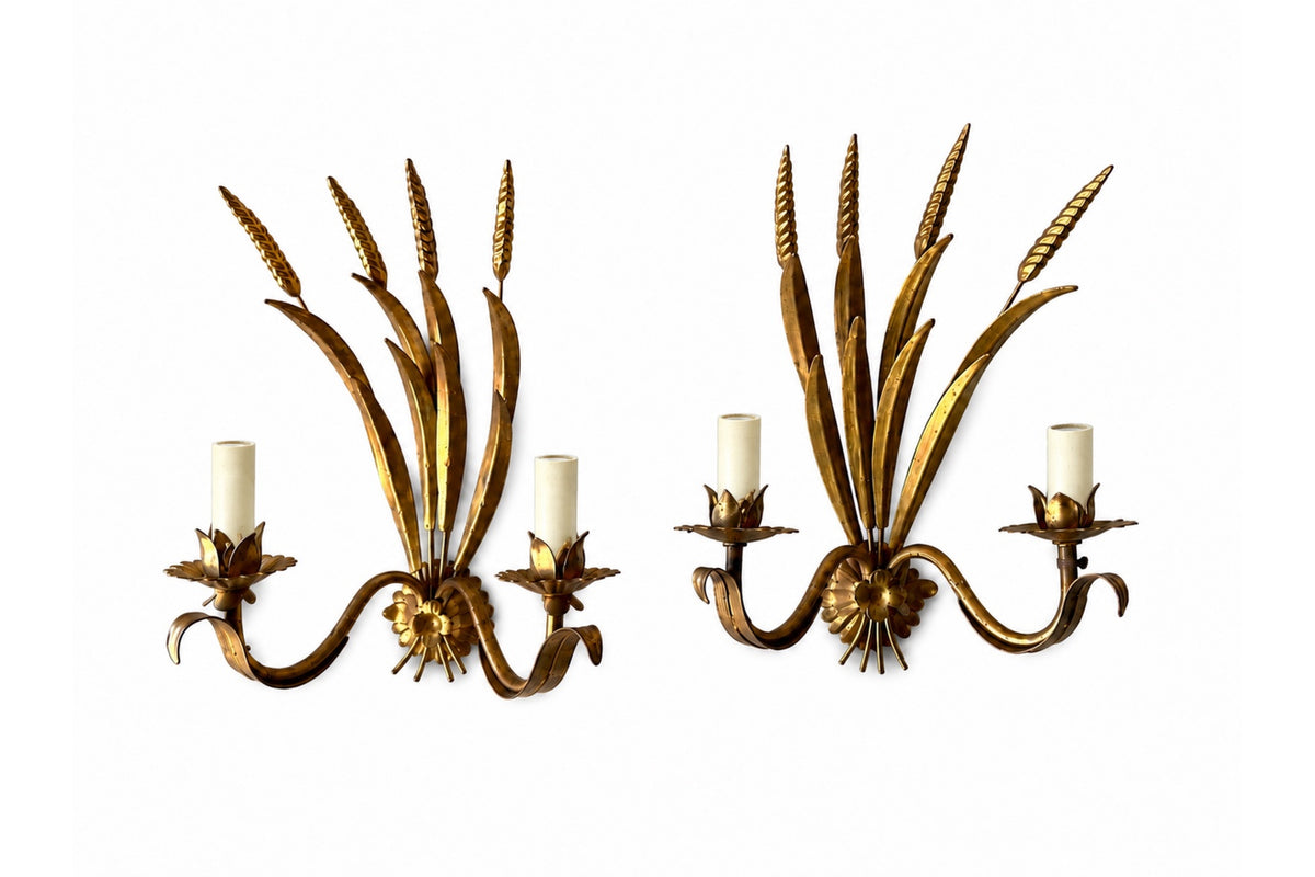 Pair of Mid-Century Italian Gilt Tole Wheat Sheaf Wall Lights 