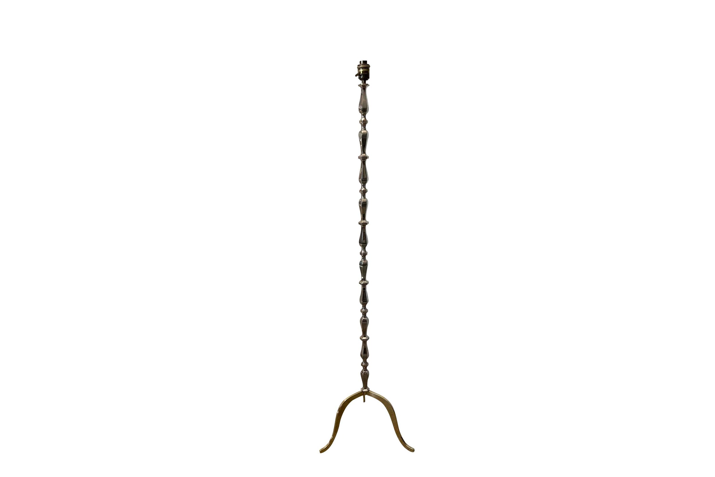 Mid-Century French Nickel-Plated Brass Floor Lamp on Brass Tripod Base