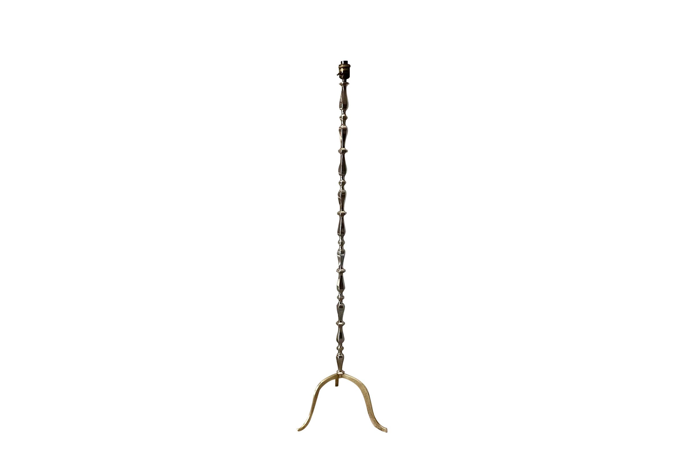 Mid-Century French Nickel-Plated Brass Floor Lamp on Brass Tripod Base