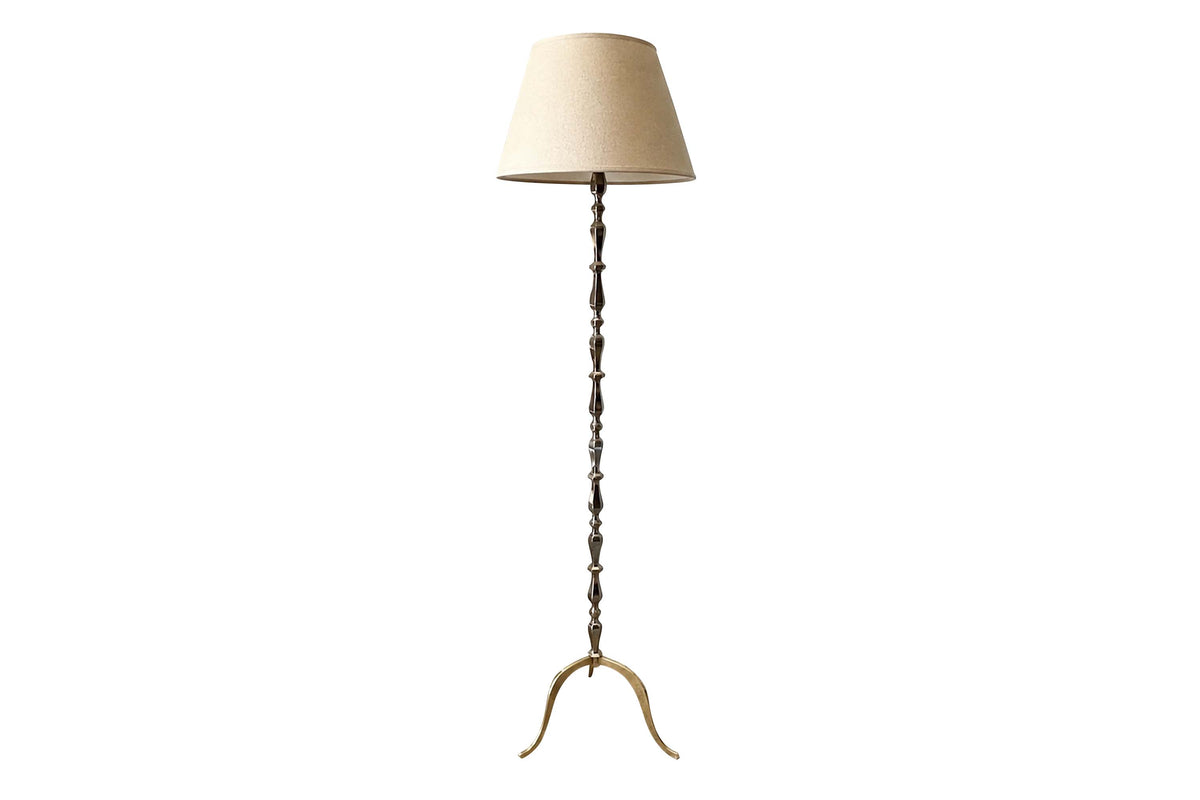 Mid-Century French Nickel-Plated Brass Floor Lamp on Brass Tripod Base